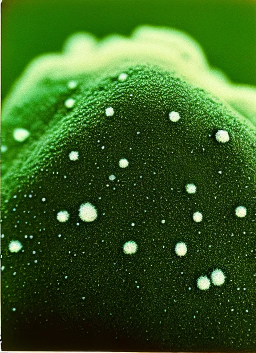 Image similar to realistic photo of a moist moss covered with white dots, fluffy microbe ; 1 9 9 0, microscope, closeup, bokeh, natural colors, kodak ektar, 2 0 0 iso, 3 5 mm lens, bill henson