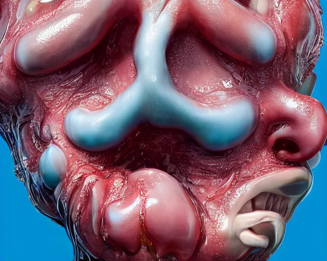 Prompt: a massive funny sculpture of a jelly distorted human face vomiting jelly from his mouth, on the ocean water, in the style of johnson tsang, funny sculpture, lucid dream series, cinematic, hyper - realistic, very detailed, realistic water splashes, ray tracing, 8 k resolution, long - shot, sharp focus, low angle, 8 5 mm photograph, wide lens