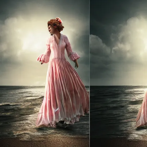 Image similar to a realistic wonderful lady dressed with a large and decorate majestic roses cotton dress that is coming out from a ocean, dramatic light, octane--8k