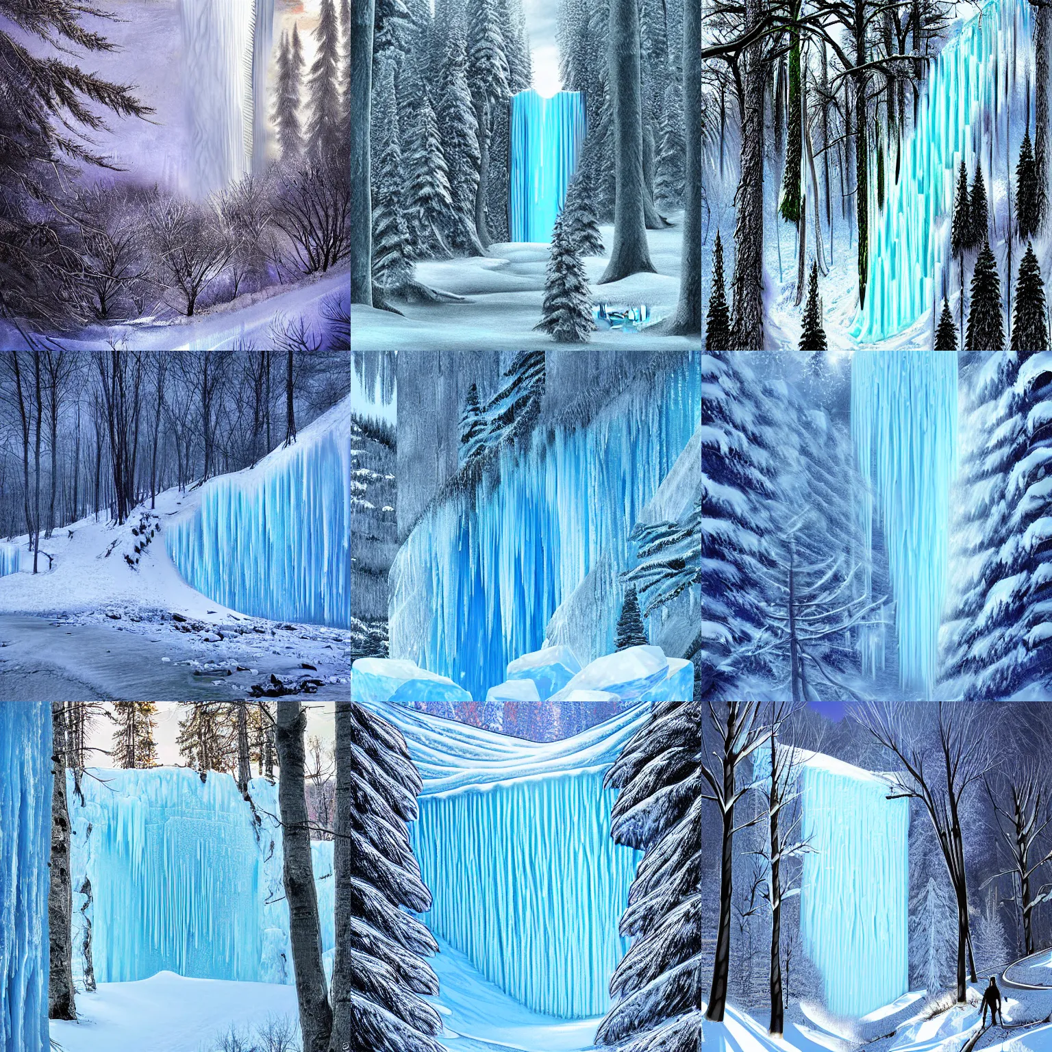 Prompt: massive ice wall cutting across the forest, digital art, fantasy