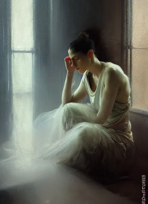 Prompt: a portrait of beautiful woman sitting in the floor, inside a modern apartment, detailed oil painting, misty, ethereal, dramatic lighting, 8 k, by jeremy mann and ruan jia and alphonse mucha