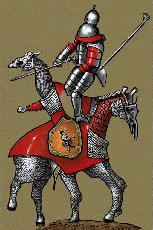 Image similar to a medieval knight in armor riding a giraffe