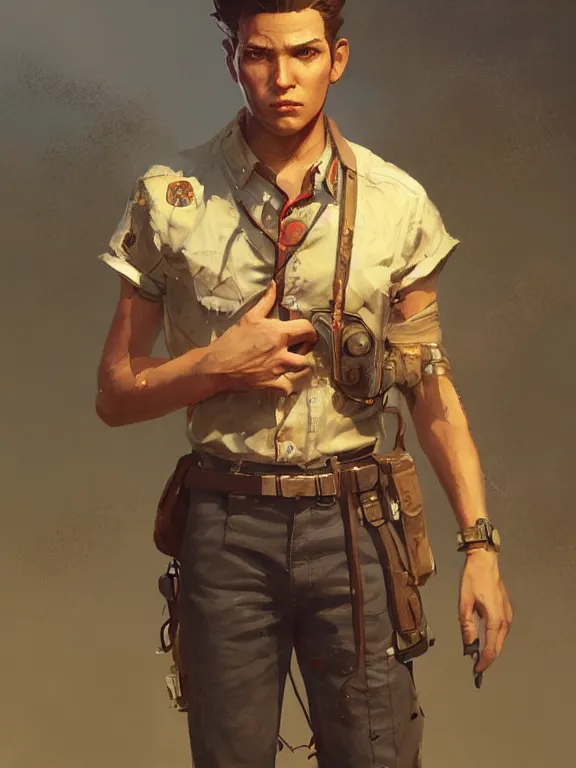 Image similar to portrait of a young man from fallout 4 wearing a summer outfit, short brown hair, art by ryo shiotani and greg rutkowski, intricate, beautiful, cute, cinematic lighting, vintage art by serge ivanoff