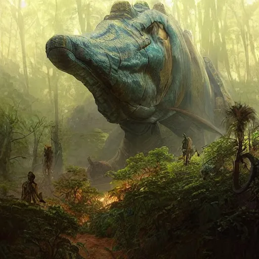 Prompt: “a giant mechanical sauropod, a massive walking vehicle in the middle of the forest, D&D, fantasy, intricate, cinematic lighting, highly detailed, digital painting, artstation, concept art, smooth, sharp focus, illustration, art by Artgerm and Greg Rutkowski and Alphonse Mucha”