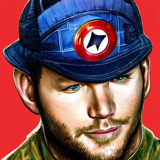 Image similar to hyper detailed illustration of Chris Pratt wearing a Super Mario hat, by Kev Walker, simon bisley and paolo parente