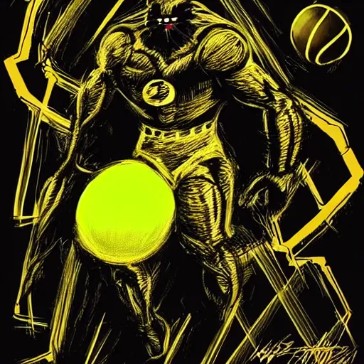 Prompt: a tennis ball monster dressed like a super hero, black and gold, digital art, fantasy, magic, chalk, trending on artstation, ultra detailed, professional illustration by basil gogos