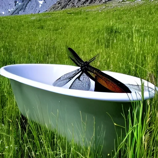 Prompt: dragonfly in a bathtub in the alps, goats!!!!! in the grass