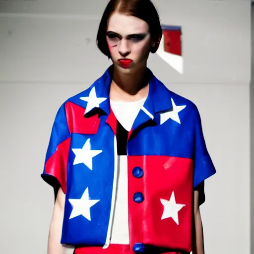 Image similar to brutalist fashion incorporating red white and blue, brutalist fashion show, studio lighting