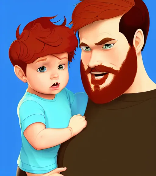 Image similar to a father with short red hair, a short red beard and blue eyes and a chubby face hold his infant son with short brown hair full color digital illustration in the style of don bluth, artgerm, artstation trending, 4 k