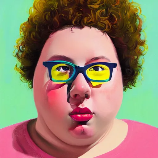 Image similar to colorful and festive cute young plus size todd solondz with tan skin, clear sharp todd solondz face, wearing yellow floral blouse. full body, rich vivid pastel colors, ambient lighting, dynamic lighting, 4 k, atmospheric lighting, painted, intricate, highly detailed by francis bacon and charlie bowater and jenny saville