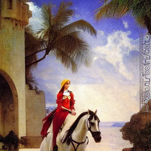 Image similar to Girl riding a horse leaving the castle through the bridge, thunderstorm, beach and palm trees on the background major arcana sky, by paul delaroche, alphonse mucha and arnold böcklin arnold böcklin hyperrealistic 8k, very detailed