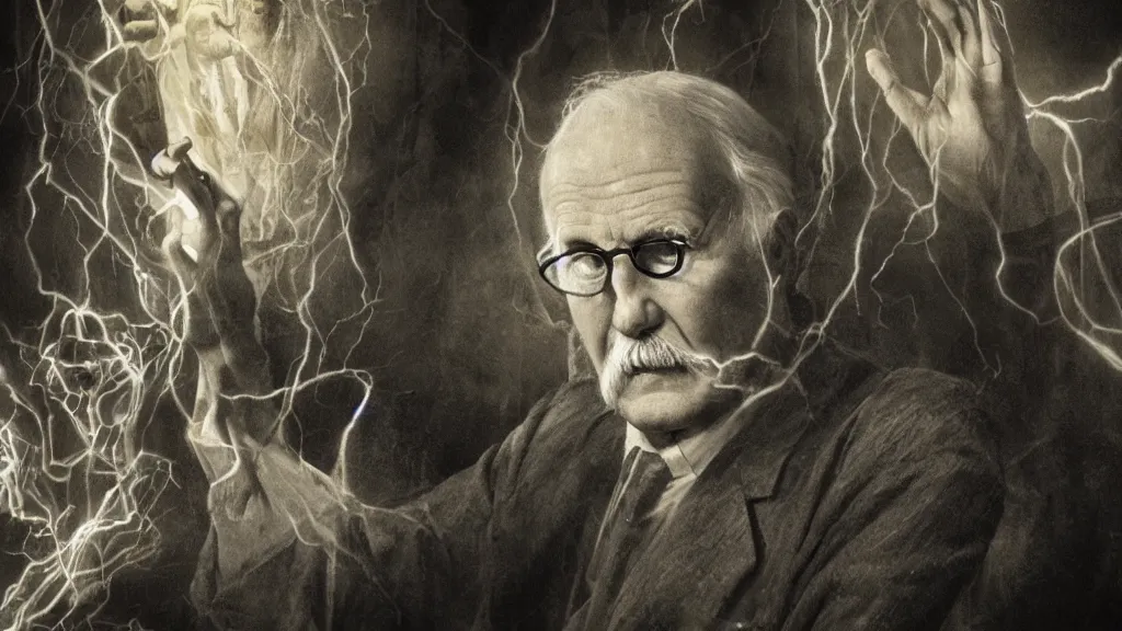 Prompt: Carl Jung with eldritch beings in his hand, 8K, concept art, filmic, HDR, hyperrealism, volumetric lighting, horror, Dark art