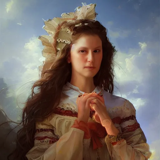 Image similar to portrait of a dutch woman ( 3 1 ) from the netherlands in 2 0 2 1, an oil painting by ross tran and thomas kincade