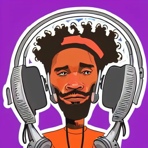 Image similar to svg sticker of a Dancing-Ben-Harper-Snoop-Spike-Lee-with-a-large-Afro-Puff, at a rave, spinning records, giant headphones rocking out, wearing headphones, huge speakers, dancing, rave, DJ, spinning records, digital art, amazing composition, rule-of-thirds, award-winning, trending on artstation, featured on deviantart