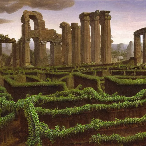 Prompt: a data center surrounded by ancient ruins and covered in vines, Caspar David Friedrich, oil painting