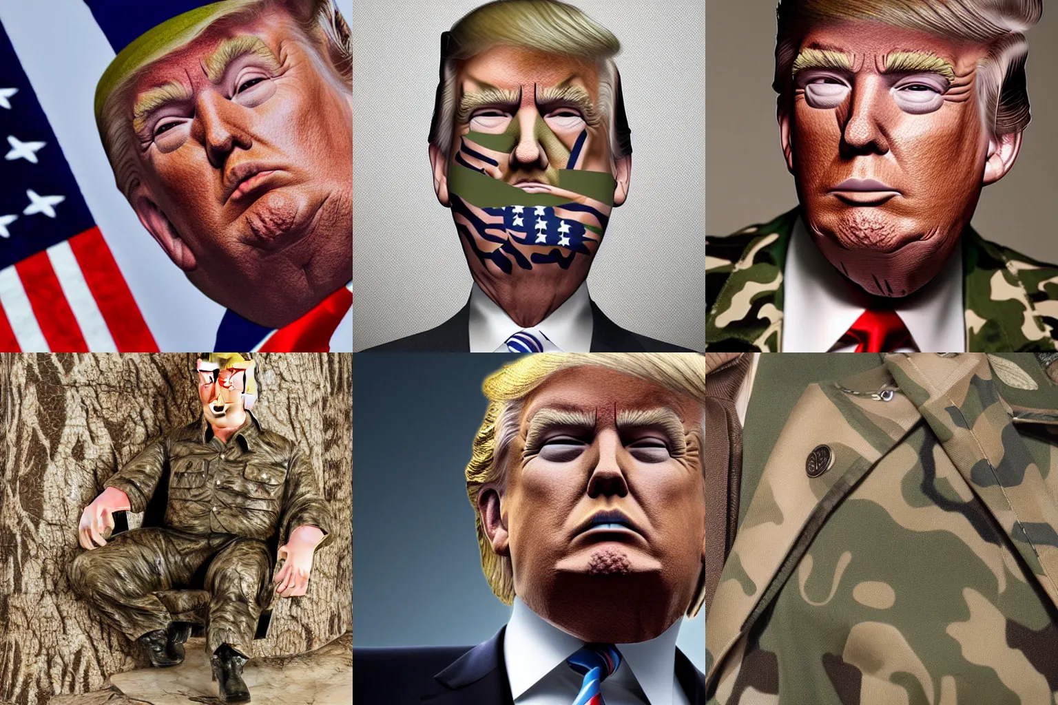 Prompt: donald trump with camouflage patterns all over his skin, highly detailed, very good quality, 4 k,
