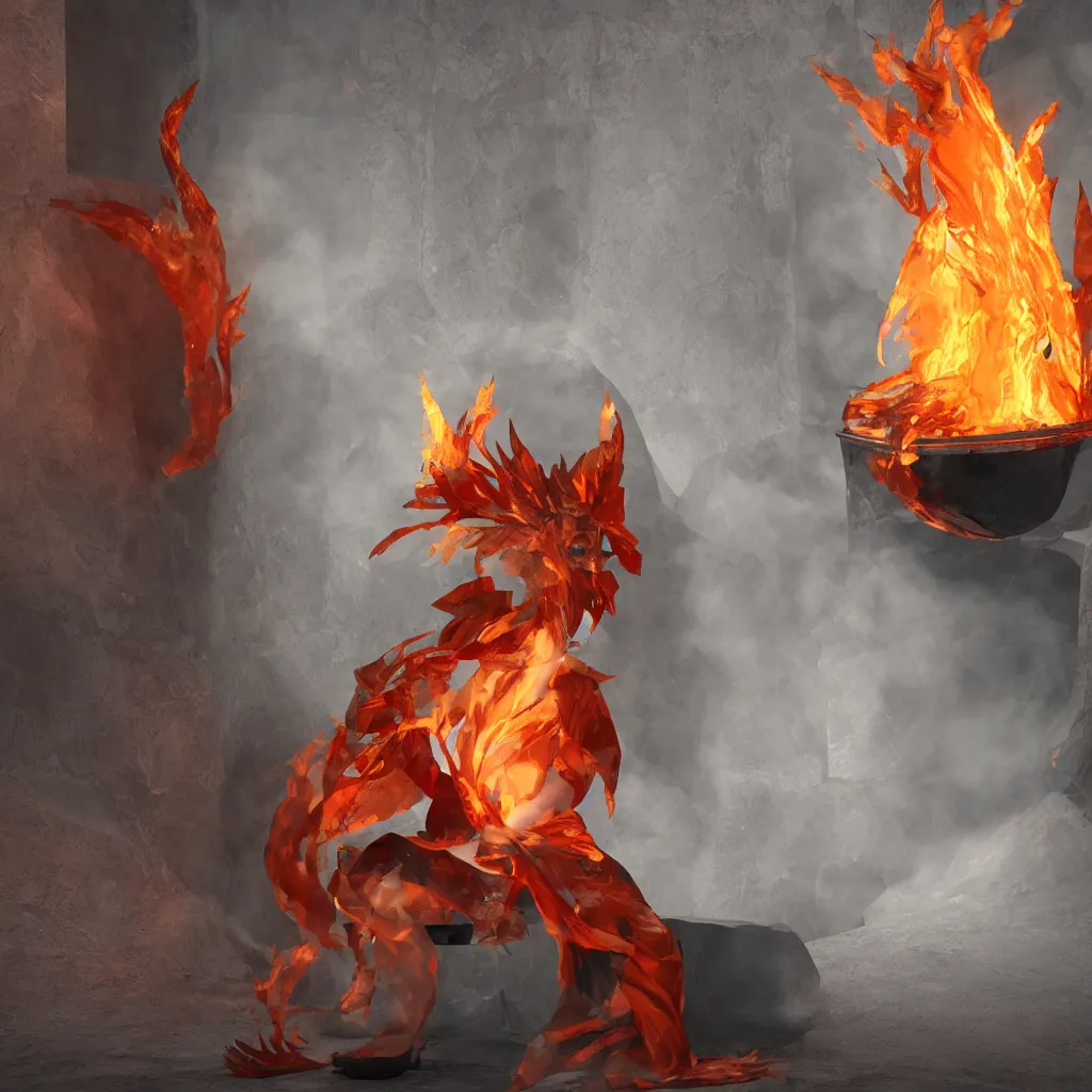 Image similar to a fire spirit chilling in a refrigerator, 3d render, ray tracing, 8k resolution, fantasy