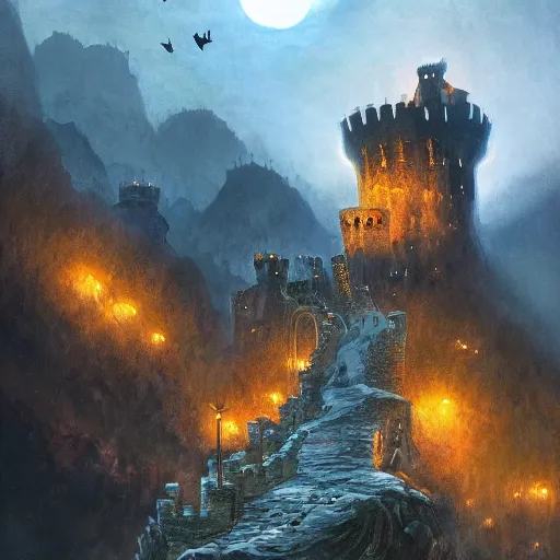 Image similar to dracula's castle, dark mountains, bats in sky, omnious feeling, winding gravel path, carpathian mountains, illustration, epic, fantasy, intricate, hyper detailed, artstation, concept art, smooth, oil painting, jessica rossier