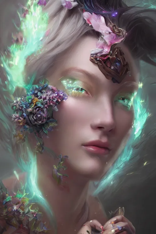 Prompt: face closeup of extremely beautiful girl necromancer, magical fairy flowers and ice velvet, diamonds, angels, 3 d render, hyper - realistic detailed portrait, holding fire and electricity rainbow, ruan jia, wlop. scifi, fantasy, magic the gathering, hyper detailed, octane render, concept art, peter mohrbacher