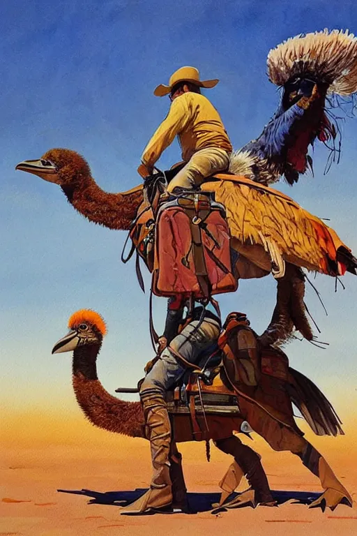 Prompt: cowboy sitting on giant emu bird with backpack, scifi, art by jean giraud, moebius, juan gimenez, greg manchess, in watercolor gouache detailed paintings, in style of syd mead, colorful comics style, artstation