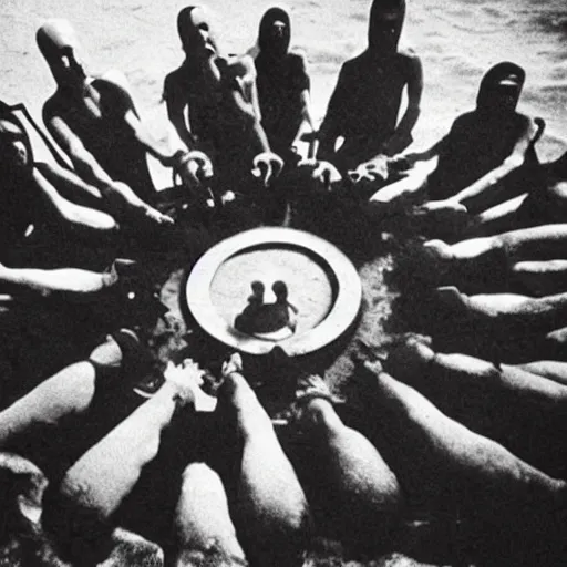 Image similar to photo of a secret atlantian occult ritual with warlocks holding hands in a circle