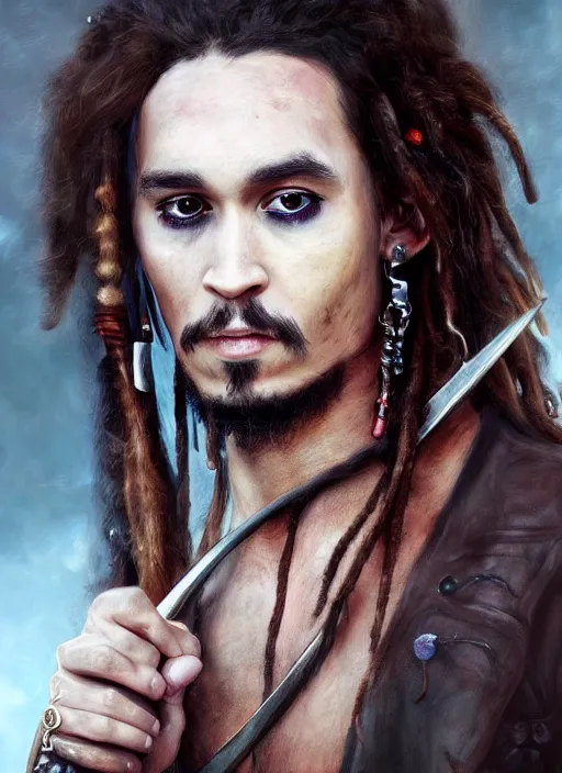 Prompt: a beautiful painting portrait of Robert Sheehan as Captain Jack Sparrow, matte painting, fantasy art, dark but detailed digital art, highly detailed, a masterpiece trending on artstation