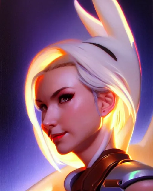 Image similar to mercy from overwatch, character portrait, portrait, close up, vintage fantasy art, vintage sci - fi art, radiant light, caustics, by boris vallejo