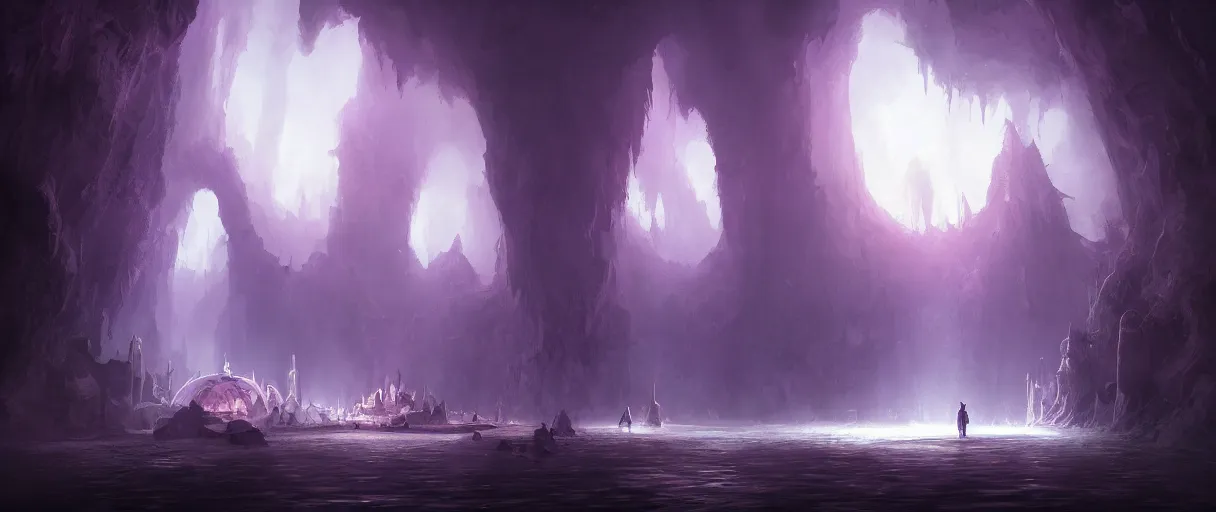 Image similar to digital painting of a underground lake, purple, style of demons souls, concept art, low angle, high detail, warm lighting, volumetric, godrays, vivid, beautiful, trending on artstation, by Jordan grimmer, no focus, huge scene, clear water