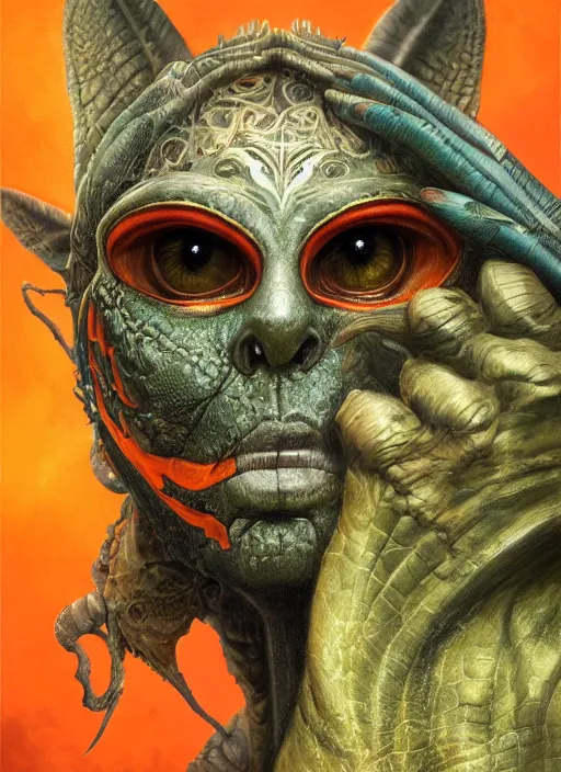 Prompt: butterfly mf doom reptile eyes, orange skin. intricate, elegant, highly detailed, centered, digital painting, artstation, concept art, smooth, sharp focus, illustration, artgerm, tomasz alen kopera, peter mohrbacher, donato giancola, joseph christian leyendecker, wlop, frank frazetta