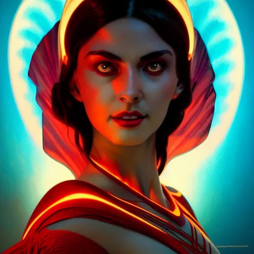 Image similar to darna, wax figure, glowing eyes, volumetric lights, red and cyan theme, art nouveau botanicals, intricate, highly detailed, digital painting, artstation, concept art, smooth, sharp focus, cinematic, illustration, beautiful face, art by artgerm and greg rutkowski and alphonse mucha