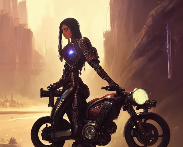 Image similar to teenager with cyberpunk motorcycle, deep focus, d & d, fantasy, intricate, elegant, highly detailed, digital painting, artstation, concept art, matte, sharp focus, illustration, hearthstone, art by artgerm and greg rutkowski and alphonse mucha