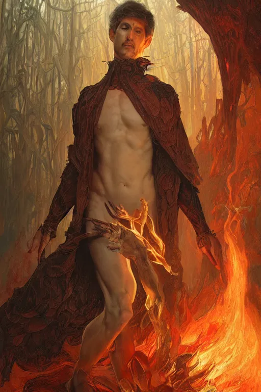 Image similar to portrait of dante in hell, forest, godlike, full body, fantasy, intricate, elegant, highly detailed, digital painting, artstation, concept art, sharp focus, illustration, art by artgerm and greg rutkowski and alphonse mucha