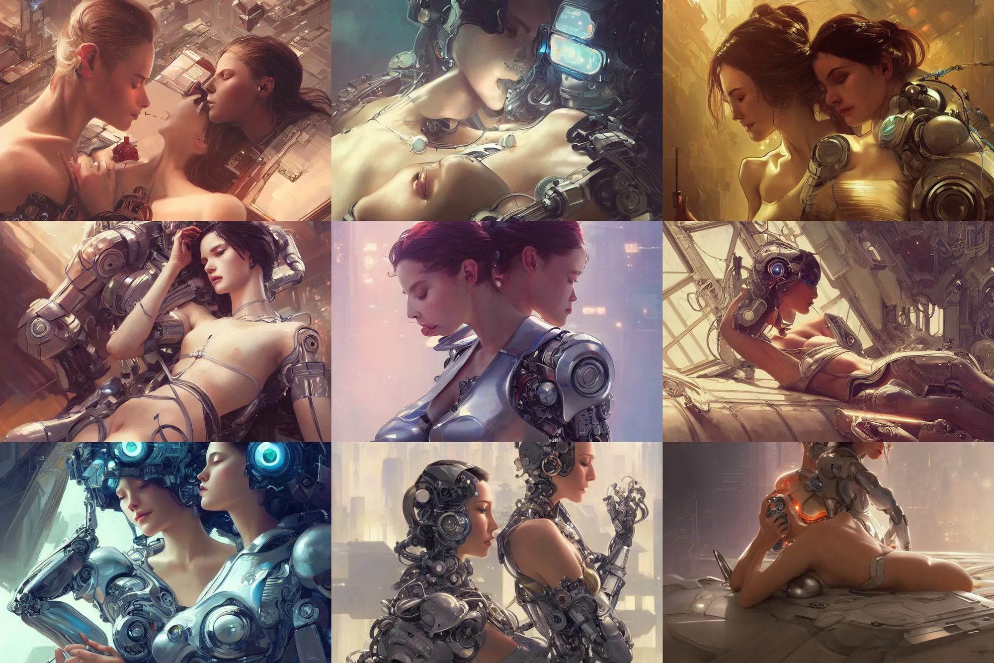 Prompt: Ultra realistic illustration, robot and woman kisses lying down, cyberpunk, sci-fi, fantasy, intricate, elegant, highly detailed, digital painting, artstation, concept art, smooth, sharp focus, illustration, art by artgerm and greg rutkowski and alphonse mucha