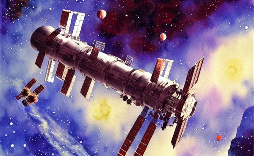 Prompt: space station mir, colorful watercolor. by rembrant, battle angel alita, ralph mcquarrie, aluminum, 1 6 6 7