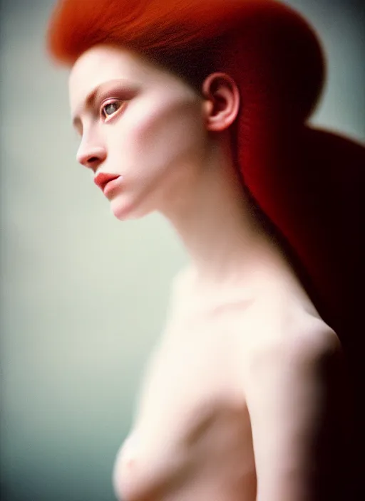 Prompt: kodak portra 4 0 0 photo portrait of a beautiful woman, sub surface scattering, hair baroque hair style, fineart in style of paolo roversi, 5 0 mm lens, sharp focus, head in focus, soft blur matt, volumetric lighting