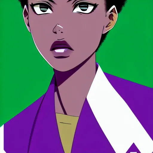 Image similar to anime poster film still portrait, young black woman, black black black woman, purple colored eyes, purple colored eyes, white french bob, green colored bomber jacket, detailed facial features, dynamic pose,, rimlight, cel shaded, 4 k