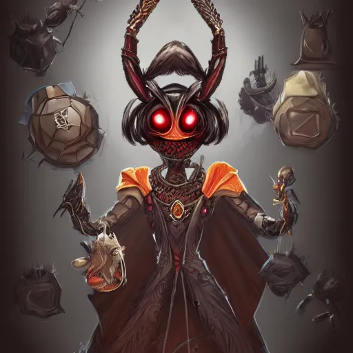 Image similar to head & shoulder portrait of an anthropomorphic spider wearing a black robe and lots of amulets and rings. d & d character commission, anoli pathfinder, trending on artstation