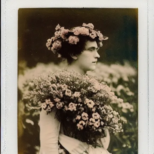 Prompt: woman covered in flowers, 1910 polaroid photography,