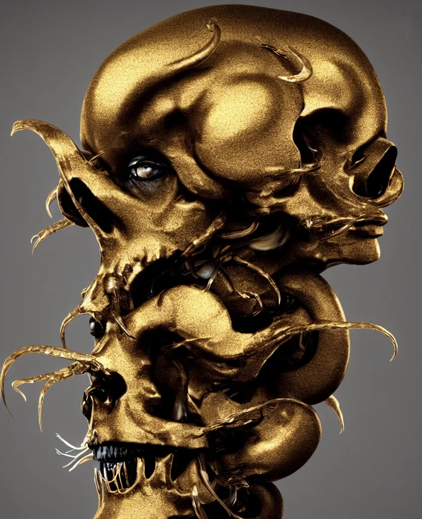 Image similar to black background. goddess princess face close-up portrait ram skull. sculpture made of gold and black charcoal. jellyfish phoenix head, nautilus, orchid, skull, betta fish, bioluminiscent creatures, intricate artwork by Tooth Wu and wlop and beeple. octane render, trending on artstation, greg rutkowski very coherent symmetrical artwork. cinematic, hyper realism, high detail, octane render, 8k