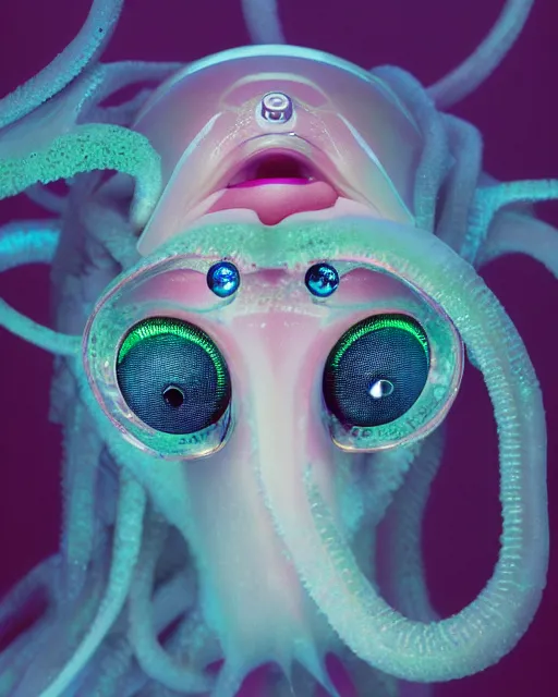 Prompt: natural light, soft focus portrait of a cyberpunk anthropomorphic squid with soft synthetic pink skin, blue bioluminescent plastics, smooth shiny metal, elaborate ornate head piece, piercings, skin textures, by annie leibovitz, paul lehr