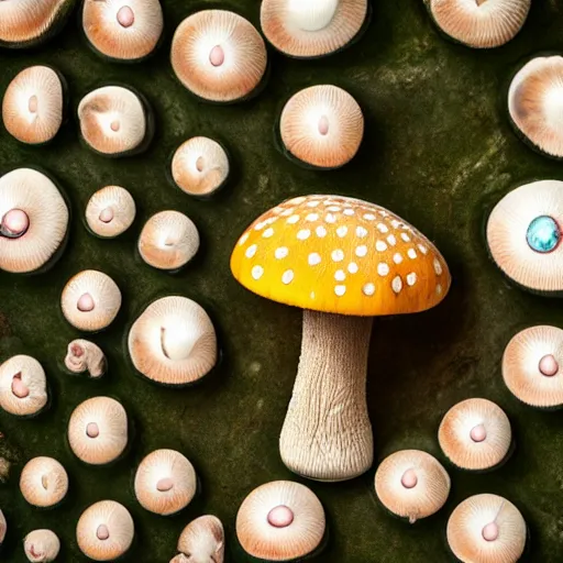 Image similar to macro photo with a mushroom character with cute eyes, very close to real nature, natural colors and natural surroundings, painted patterns and coloring on mushrooms, 8K, highly detailed