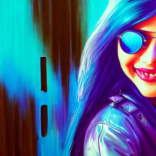 Image similar to closeup painting of a very beautiful young mexican cyberpunk woman with a smile, wearing light blue shutter shades, and a purple coloured leather jacket, one side haircut, long brown hair with light blue ends, portrait, hyperdetailed, artstation, cgsociety, synthwave by tangerine dream, by jean - michel jarre, by vangelis, by john carpenter