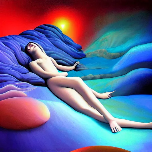 Prompt: Surreal painting depicting drifting off in to sleep, wake initiated lucid dream, digital art, beautiful colours, amazing composition, astonishing detail, smooth lines, award winning