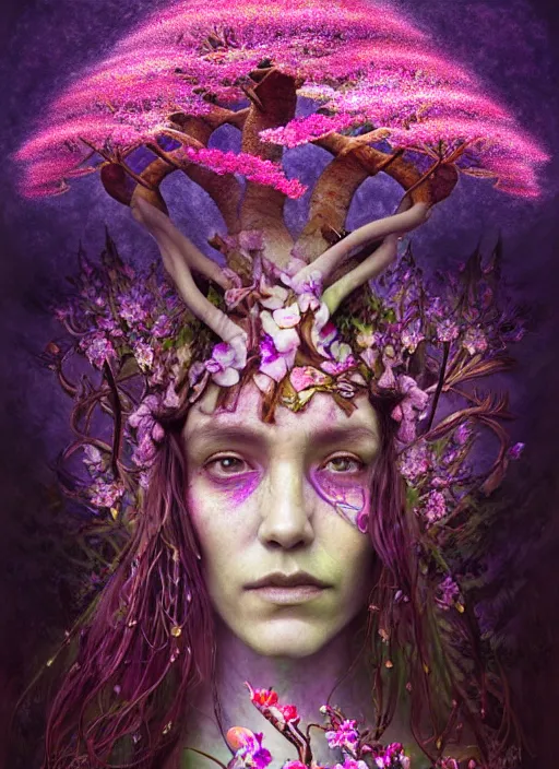 Prompt: a psychedelic organic shaman, made of orchids and cherry blossom trees, made of mushrooms, diffuse lighting, fantasy, intricate, highly detailed, photorealistic, digital painting, artstation, beautiful woman, concept art, smooth, sharp focus, by john collier and albert aublet, by amanda sage