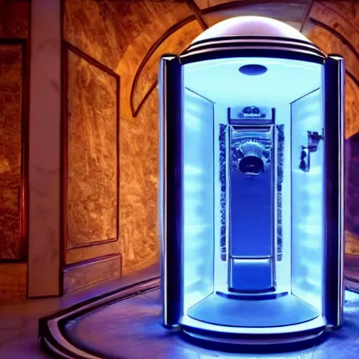 Image similar to time machine that looks like a fancy toilet in cool science fiction Netflix show