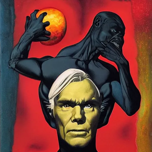 Prompt: the creator of the universe, pitch black masculine figure, gerald brom and andy warhol, cosmic horror, planet earth