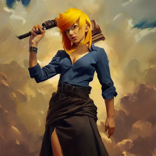 Image similar to greg manchess portrait of customer service cloud strife, medium shot, asymmetrical, profile picture, organic painting, sunny day, matte painting, bold shapes, hard edges, street art, trending on artstation, by huang guangjian and gil elvgren and sachin teng