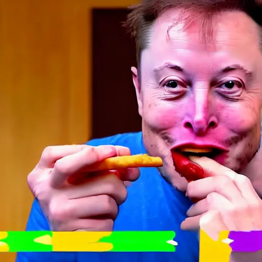 Prompt: a man eating crayons like french fries, elon musk, 4 k, high quality, crayon commercial