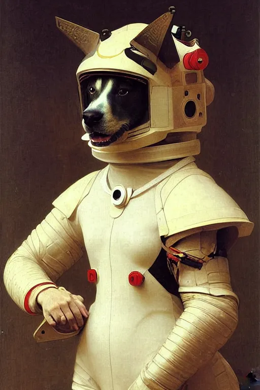 Prompt: portrait of a dog astronaut with chinese dragon armor and helmet, majestic, solemn, by bouguereau