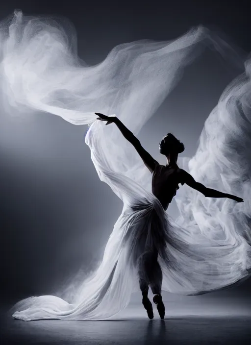 Image similar to a Photorealistic dramatic hyperrealistic render of a glamorous beautiful Female smoke dancer by Ken Brower and Deborah Ory of NYC Dance project,Lois Greenfield,Flowing cloth and smoke,Beautiful dynamic dramatic dark moody lighting,volumetric,shadows,cinematic atmosphere,Octane render,8K